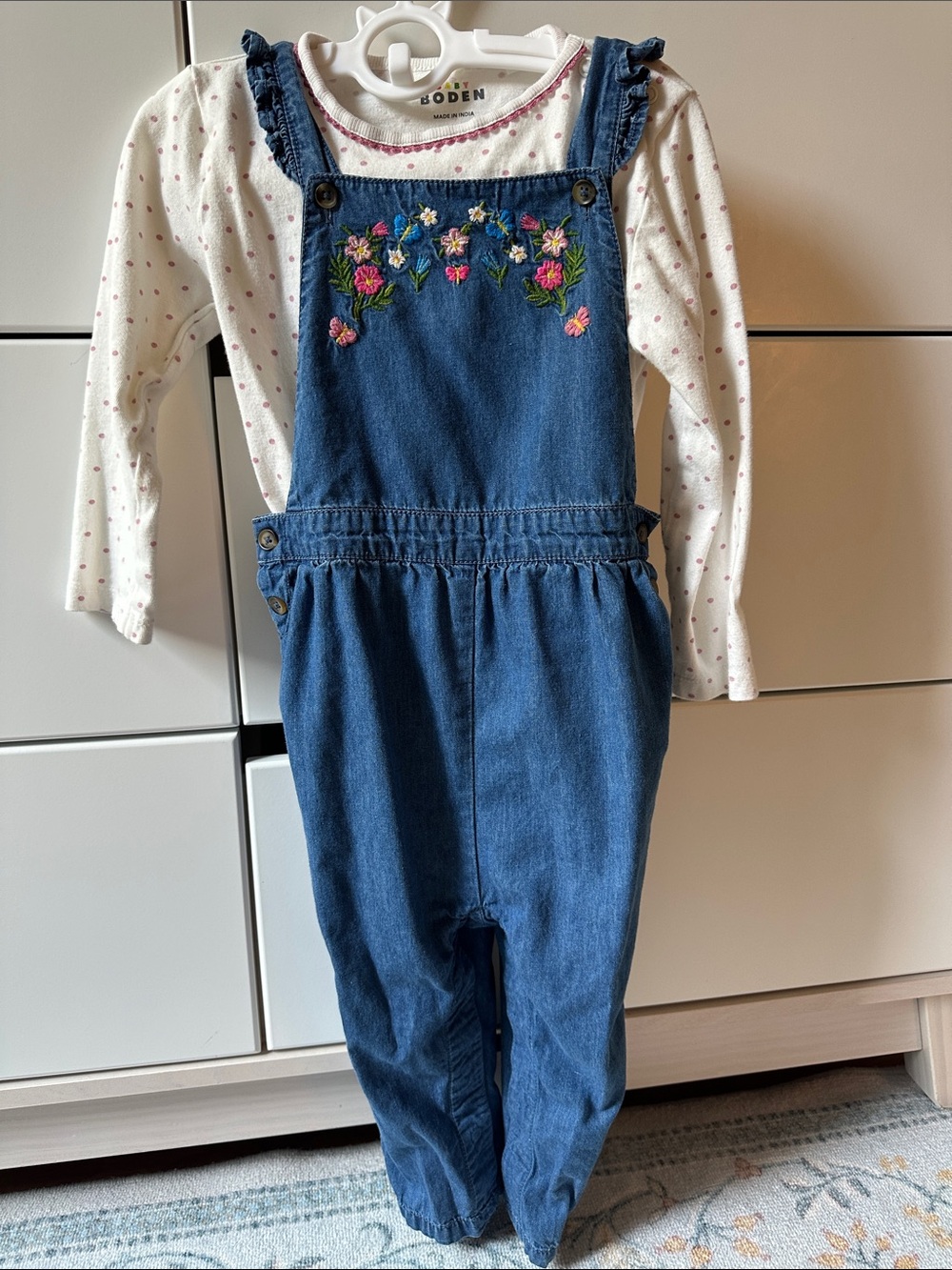 BODEN | Blue Denim Embroidered Toddler Girls' Overalls Set